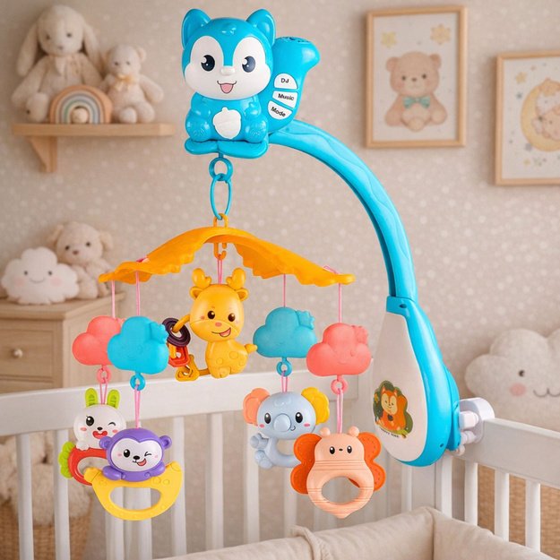 Lopšio karuselė su voverės formos pakabukais, nuotolinio valdymo pulteliu ir muzika 2