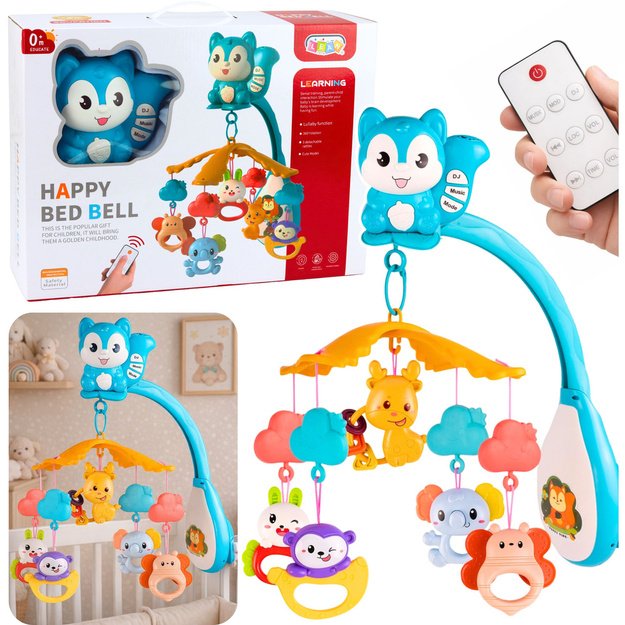 Lopšio karuselė su voverės formos pakabukais, nuotolinio valdymo pulteliu ir muzika