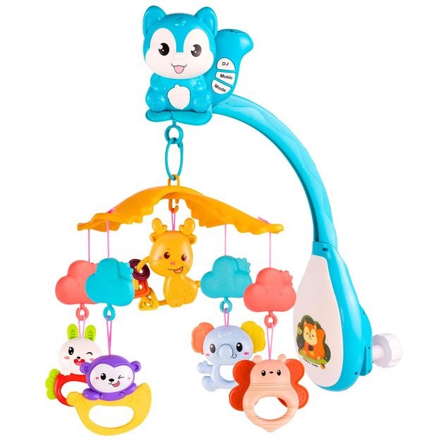 Lopšio karuselė su voverės formos pakabukais, nuotolinio valdymo pulteliu ir muzika 1