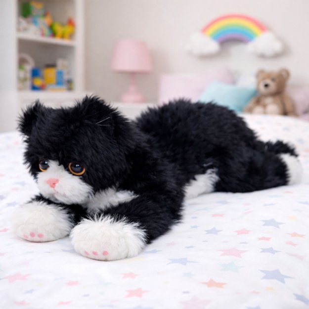 Plush Toy Cuddly Toy Kitten Lying Black and White 38 cm