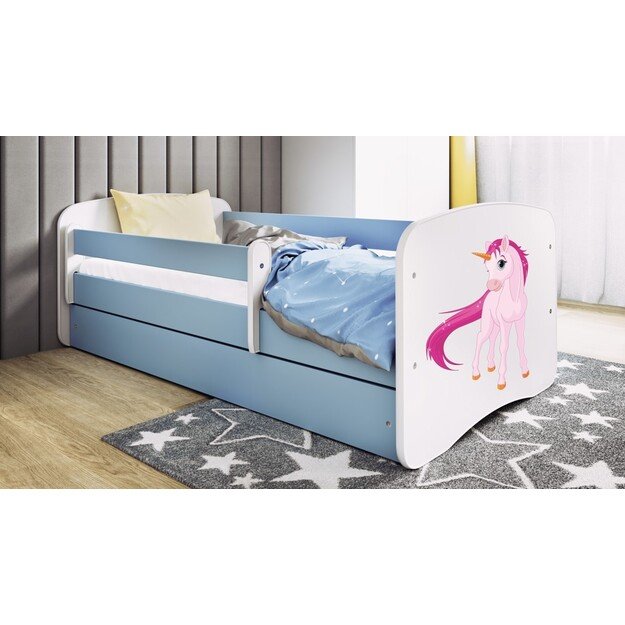 Babydreams mėlyna vienaragio lova su stalčiumi be čiužinio 160/70
