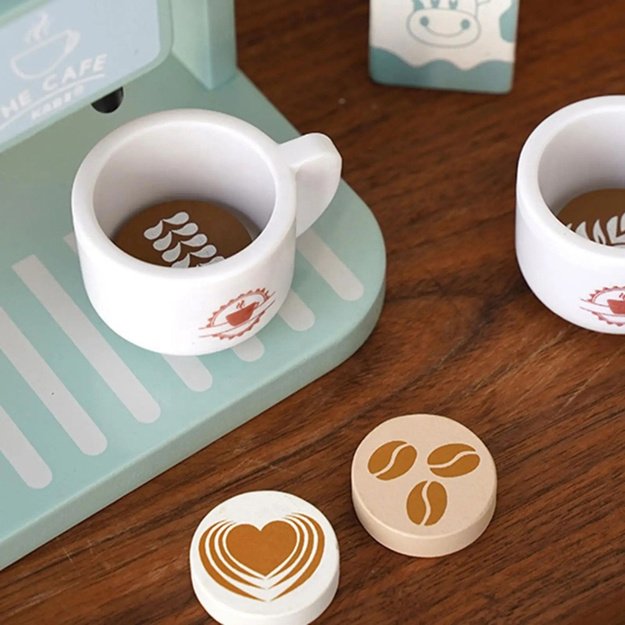 Medinis kavos virimo aparato, puodelių, pieno ir aksesuarų rinkinys vaikams