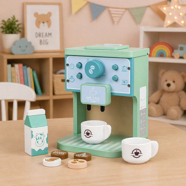 Medinis kavos virimo aparato, puodelių, pieno ir aksesuarų rinkinys vaikams