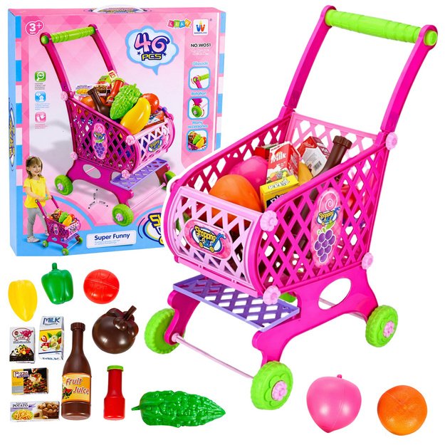 Large Shopping Cart For Children Grocery Products Pink 52cm 46 pcs.