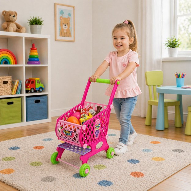 Large Shopping Cart For Children Grocery Products Pink 52cm 46 pcs.