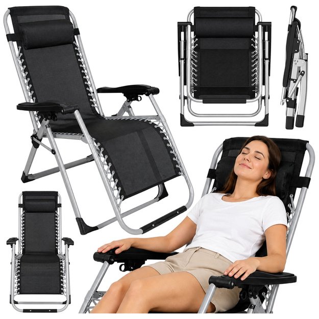 Folding Garden Beach Deckchair with Table and Headrest, Steel, Anthracite