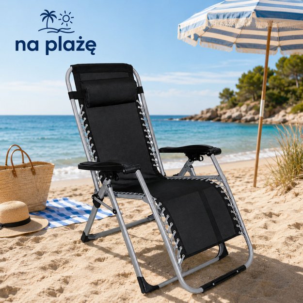 Folding Garden Beach Deckchair with Table and Headrest, Steel, Anthracite