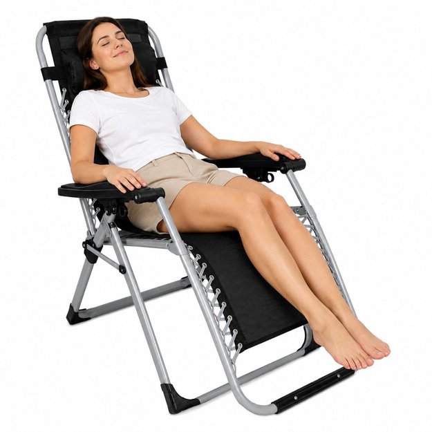 Folding Garden Beach Deckchair with Table and Headrest, Steel, Anthracite
