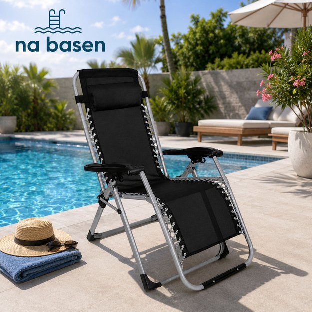 Folding Garden Beach Deckchair with Table and Headrest, Steel, Anthracite
