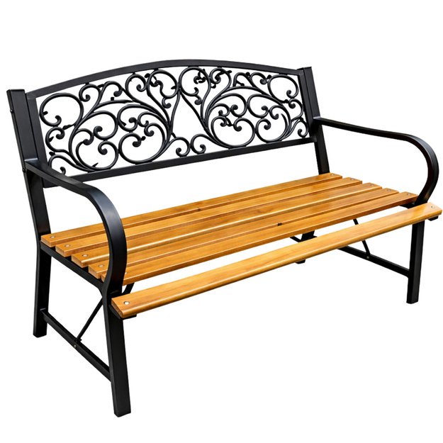 Garden Bench Park Terrace Garden Metal Wooden 2 Seater 118 cm