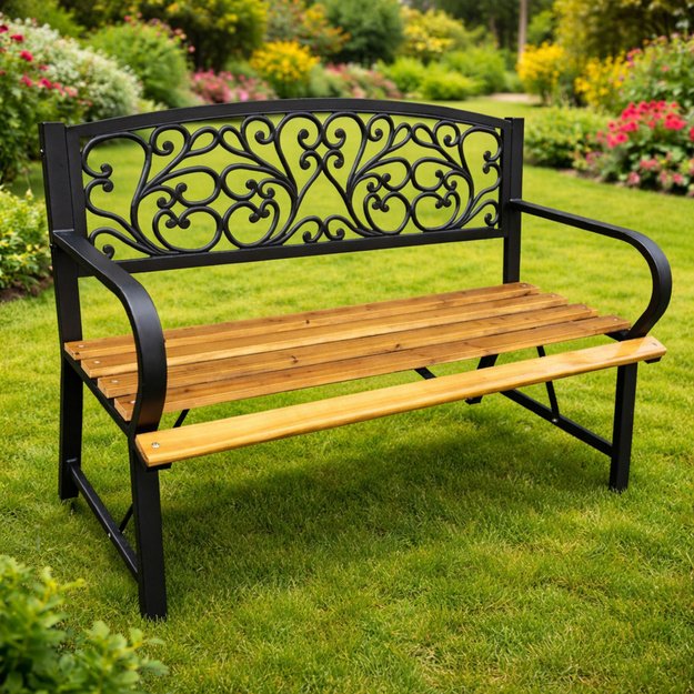 Garden Bench Park Terrace Garden Metal Wooden 2 Seater 118 cm