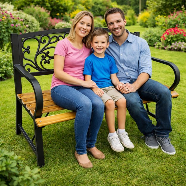 Garden Bench Park Terrace Garden Metal Wooden 2 Seater 118 cm