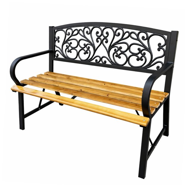 Garden Bench Park Terrace Garden Metal Wooden 2 Seater 118 cm