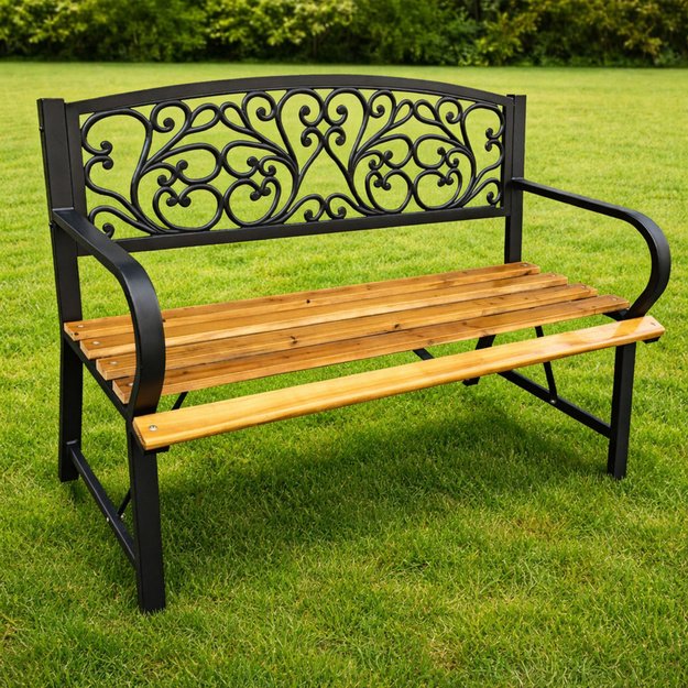 Garden Bench Park Terrace Garden Metal Wooden 2 Seater 118 cm