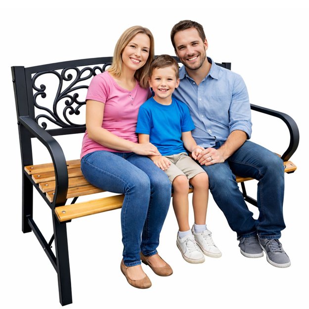 Garden Bench Park Terrace Garden Metal Wooden 2 Seater 118 cm