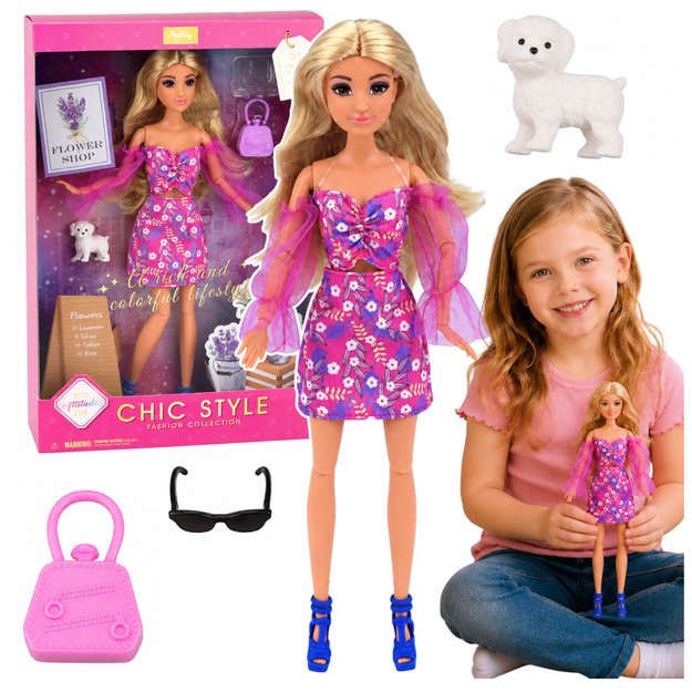 Anlily Fashion Doll in Pink Dress, White Dog, Purse, Glasses Set