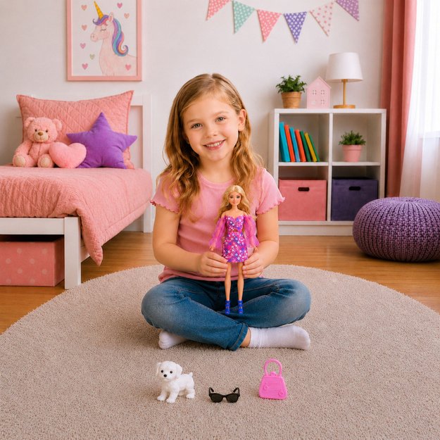 Anlily Fashion Doll in Pink Dress, White Dog, Purse, Glasses Set