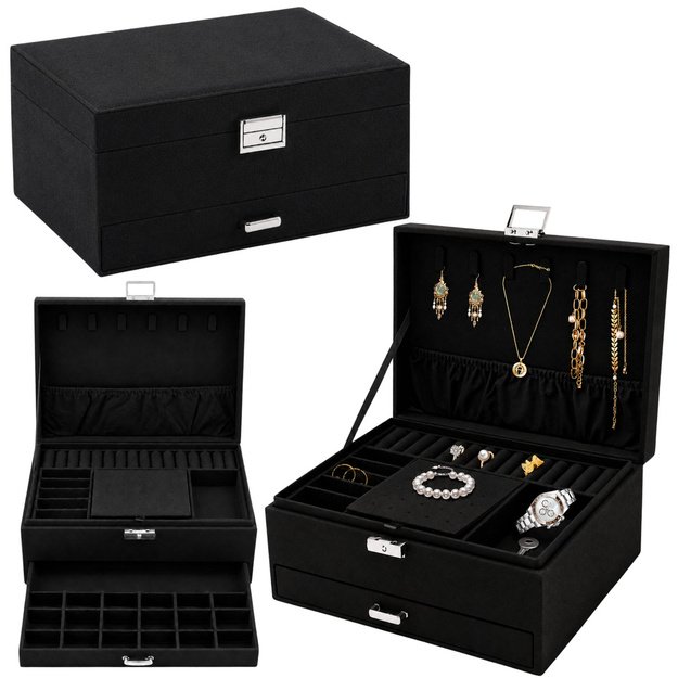 Jewelry Organizer Box with Drawer and Key, Black Velvet