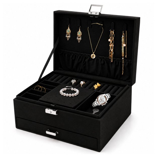 Jewelry Organizer Box with Drawer and Key, Black Velvet