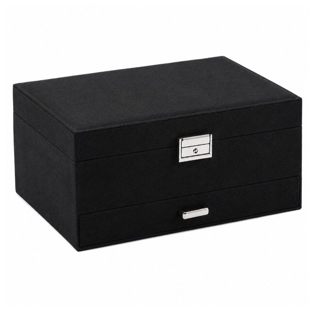 Jewelry Organizer Box with Drawer and Key, Black Velvet