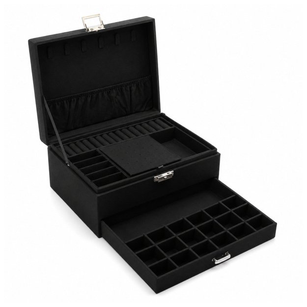 Jewelry Organizer Box with Drawer and Key, Black Velvet