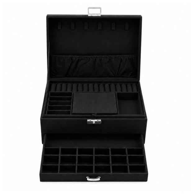 Jewelry Organizer Box with Drawer and Key, Black Velvet