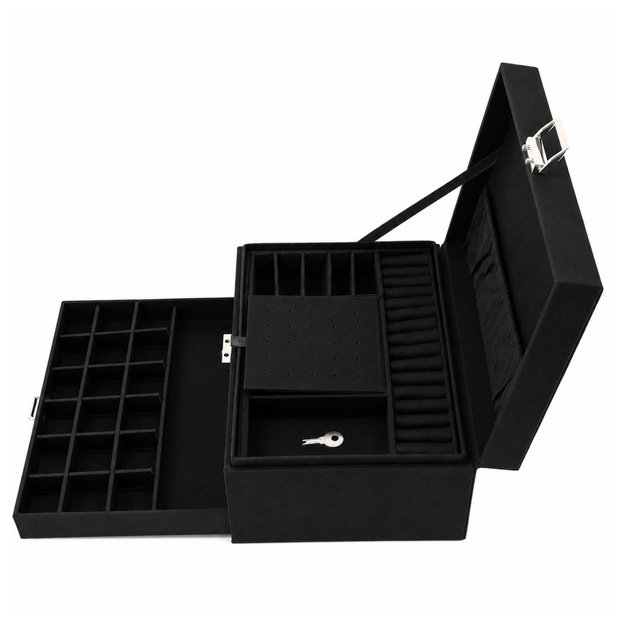 Jewelry Organizer Box with Drawer and Key, Black Velvet