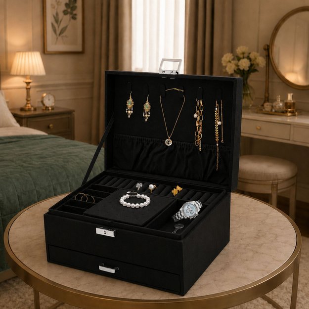 Jewelry Organizer Box with Drawer and Key, Black Velvet