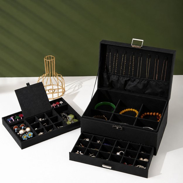 Jewelry Organizer Box with Drawer and Key, Black Velvet