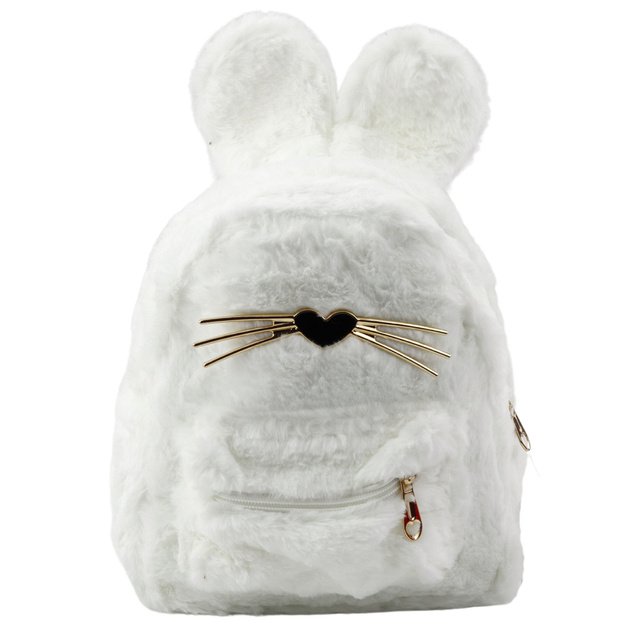 Children s Backpack Furry Plush Rabbit Ears Nose Whiskers White 3L 22cm