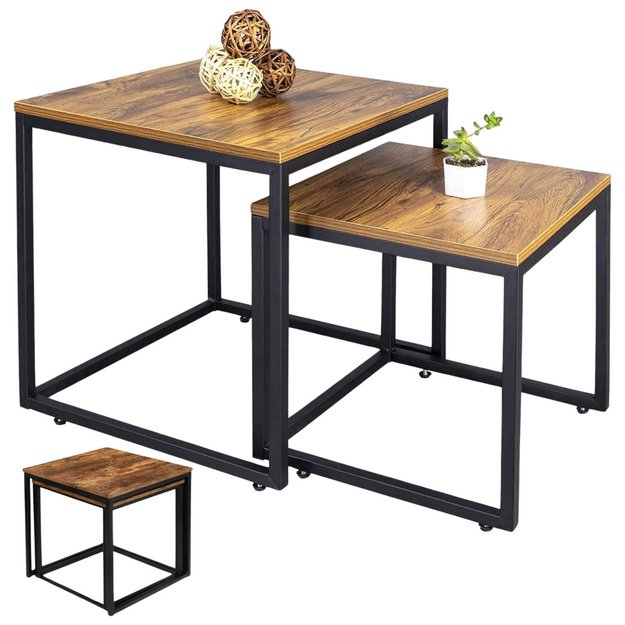 Set of 2-in-1 Rustic Square Coffee Tables 45x50cm 40x45cm