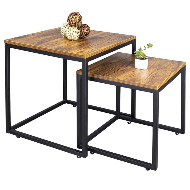 Set of 2-in-1 Rustic Square Coffee Tables 45x50cm 40x45cm 1