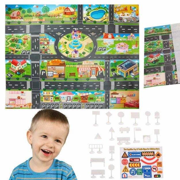 Miesto gatvės + kelio ženklai vandeniui atsparus spalvotas kilimėlis 130x100cm 13