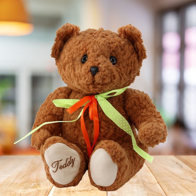 Plush Toy Teddy Bear Green-Red Bow Brown 30cm 1
