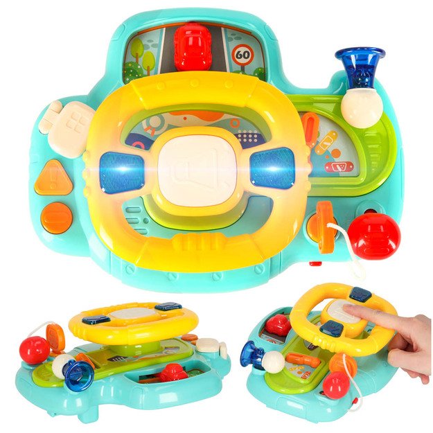 Kūdikio mažylio interaktyvus vairas su vaikiško vežimėlio simuliatoriumi muzikos garsai mėlyna