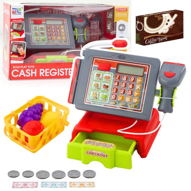 Cash Register For Kids Accessories Basket Fruit Lights Sounds Red