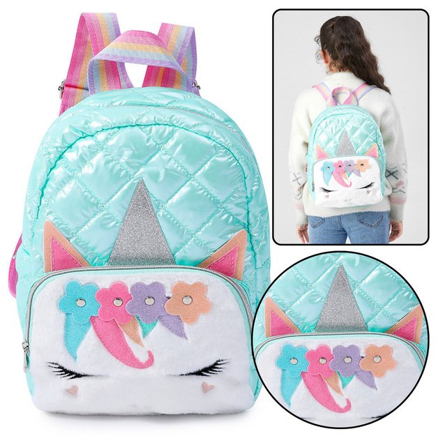 Children s Quilted School Backpack Unicorn Turquoise 32cm 1