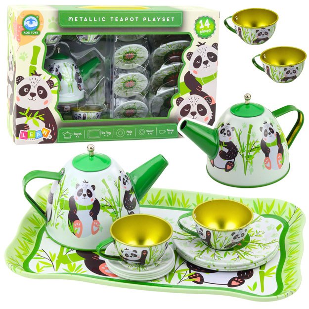Tea Set Metal Jug Cup Plates Panda Green 14 pcs