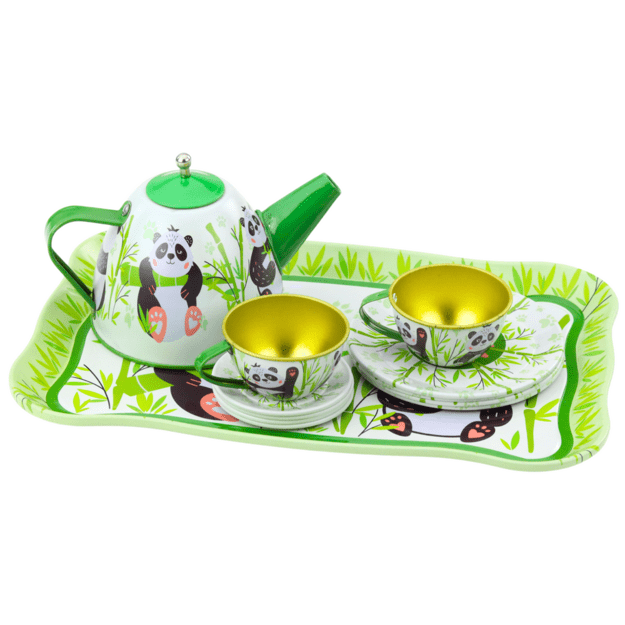Tea Set Metal Jug Cup Plates Panda Green 14 pcs 2
