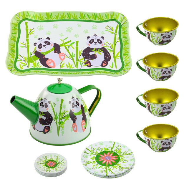 Tea Set Metal Jug Cup Plates Panda Green 14 pcs 1