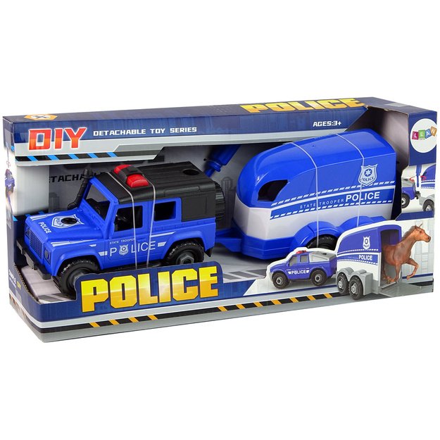 Policijos bekelės automobilis su priekabėle ir žirgu 5