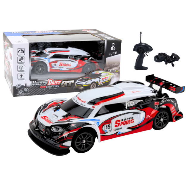 RC sportinis automobilis 1:16 Driftas keičiamais ratais baltos ir raudonos spalvos