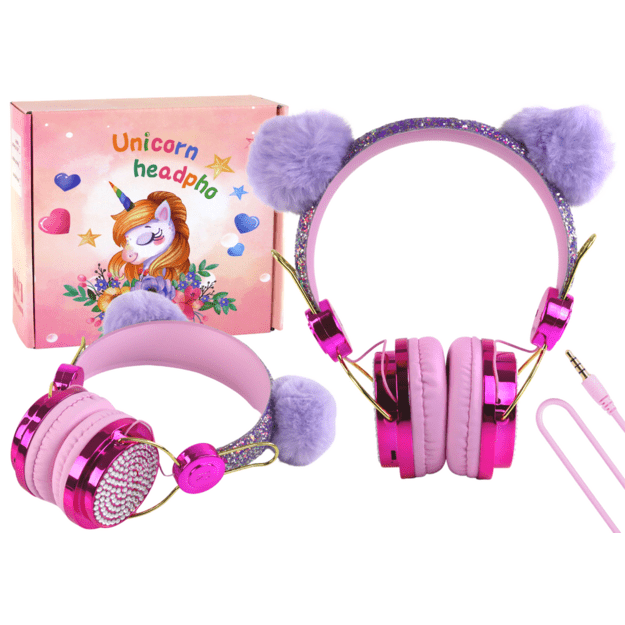 Wired headphones in shades of pink, adjustable ears, microphone