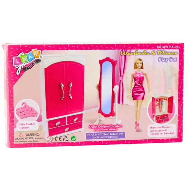 Doll Furniture Set Wardrobe Mirror Hangers Pink 5