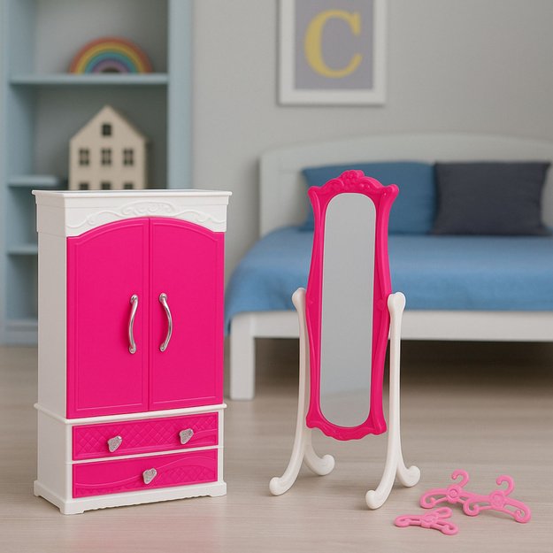 Doll Furniture Set Wardrobe Mirror Hangers Pink 3