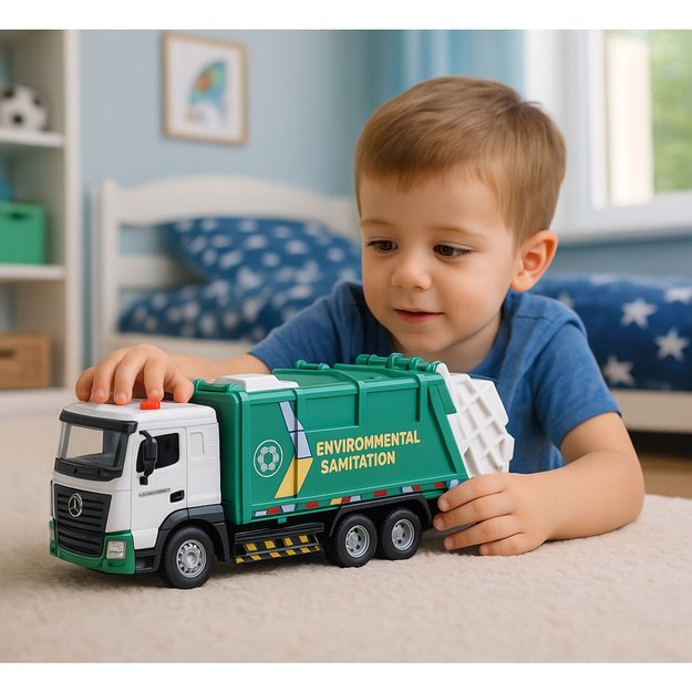 Garbage Truck For Kids Metal Cabin Bin Lights Sounds Green 4