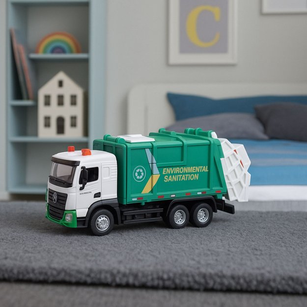 Garbage Truck For Kids Metal Cabin Bin Lights Sounds Green 2