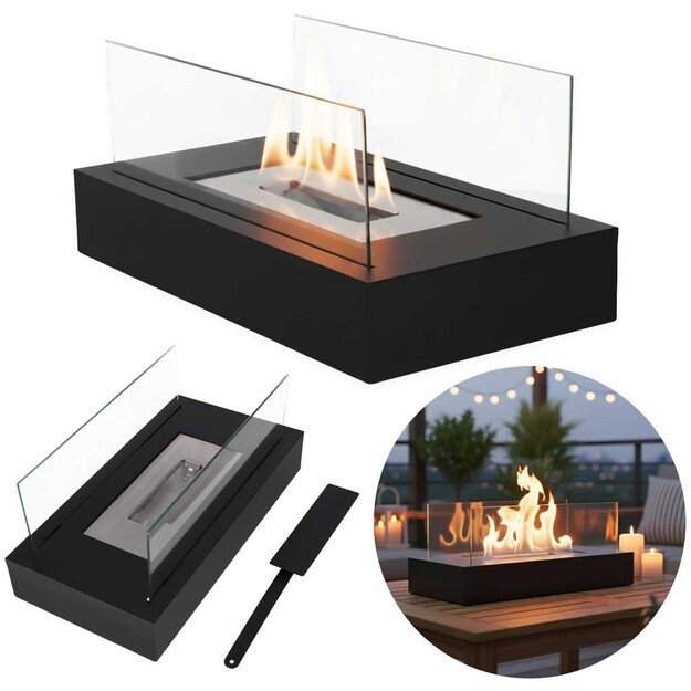 Laisvai pastatoma stačiakampė, nedūmijanti, ant stalo pastatoma biokuro krosnelė