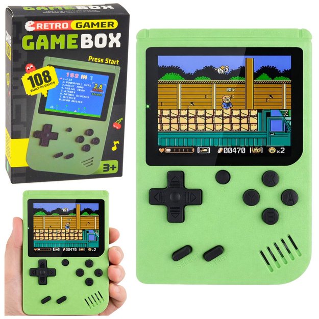Nešiojama retro elektroninė žaidimų konsolė su 108 žaidimais, žalia