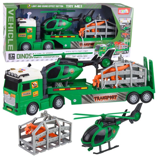Dinosaur Transport Set: Truck, Tow Truck, Helicopter, Lights, Sound